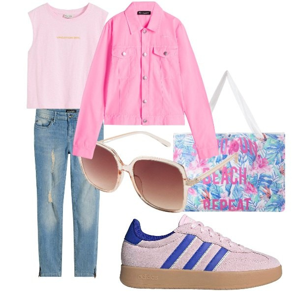Outfit donna - sun beach. Stile Urban per Mare. Abbinamento con occhiali da sole, top, jeans strappati, borse tote, blazer, sneakers.