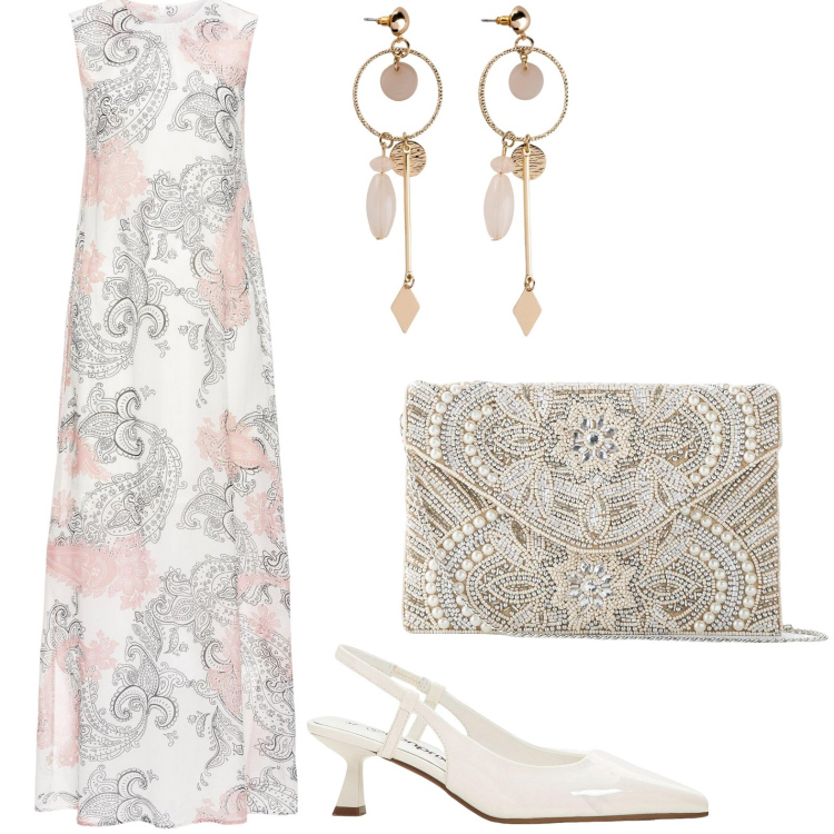 Outfit donna - Tramonto estivo romantico. Stile Romantica per Serata fuori. Abbinamento con pochette, orecchini, vestiti lunghi, décolleté.