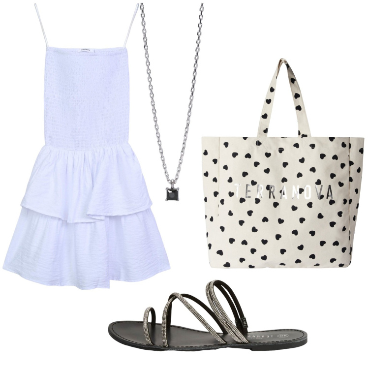 Outfit donna - Shopping estivo. Stile Urban per Tutti i giorni. Abbinamento con vestiti corti, borse tote, sandali, collane.