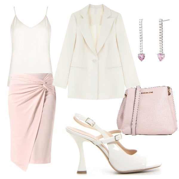 Outfit donna - la serata di Gioia. Stile Sexy per Cerimonia. Abbinamento con borse a spalla, orecchini, gonne, top, blazer, sandali col tacco.
