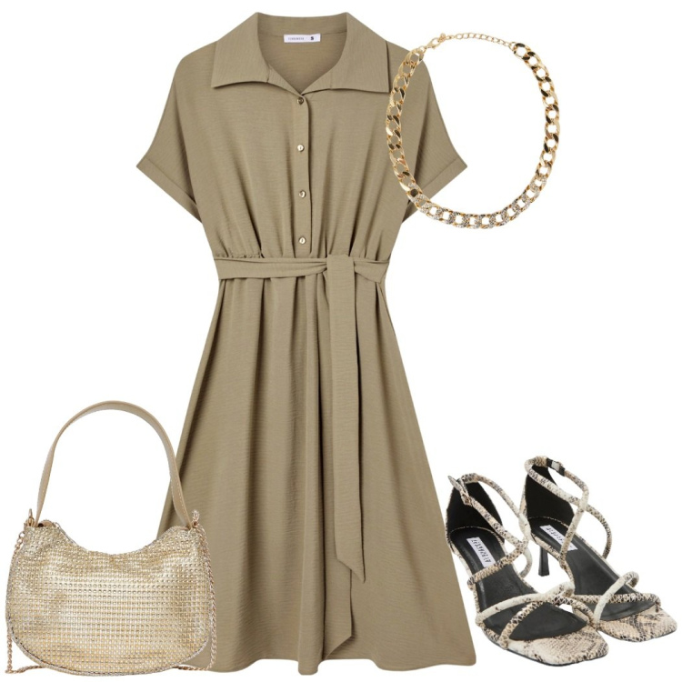 Outfit donna - Sandali animalier. Stile Bon Ton per Tutti i giorni. Abbinamento con vestiti chemisier, collane, sandali col tacco, borse a spalla.