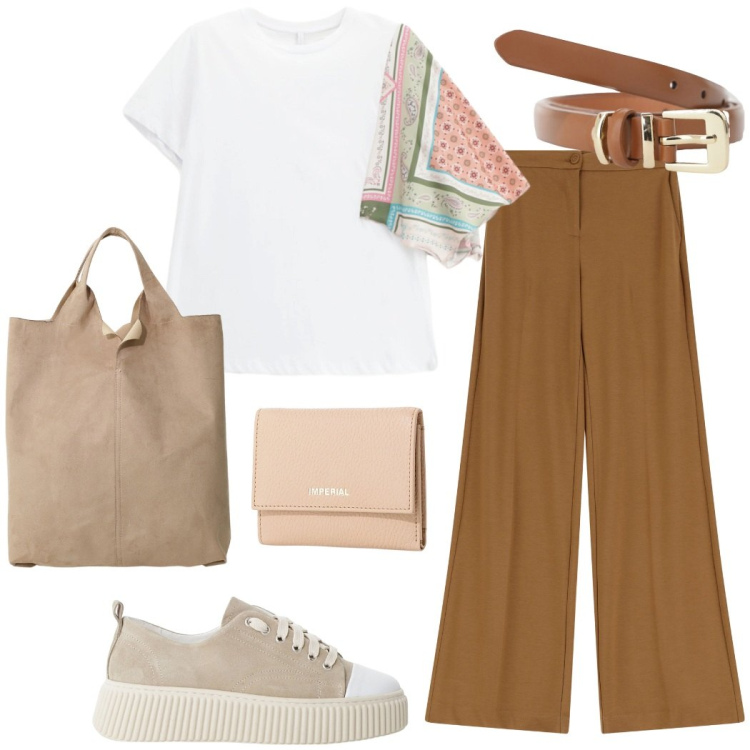 Outfit donna - Imperial per l\'ufficio. Stile Casual chic per Ufficio. Abbinamento con sneakers, portafogli, cinture, t-shirt, pantaloni, shopping bag.