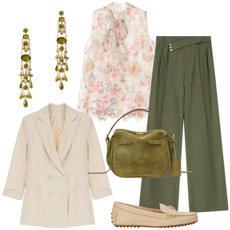 Outfit donna - Personalità in ufficio. Stile Casual chic per Ufficio. Abbinamento con camicie, pantaloni, blazer, mocassini, orecchini, borse a mano.