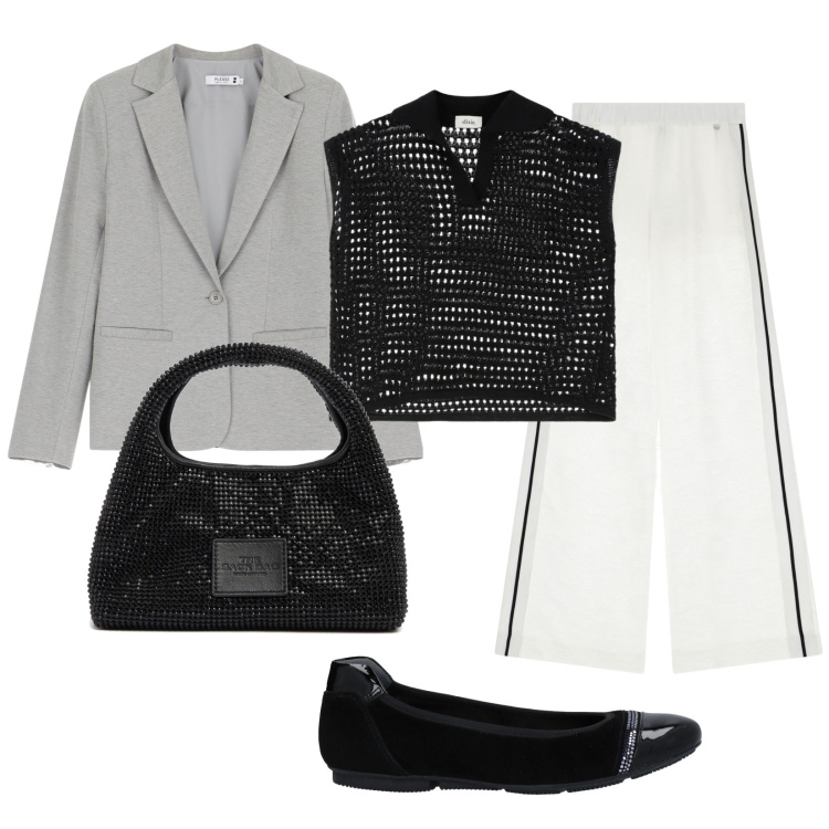 Outfit donna - Total look #2173839. Stile Sporty chic per Serata fuori. Abbinamento con ballerine, pantaloni a palazzo, blazer, top, borse a mano.