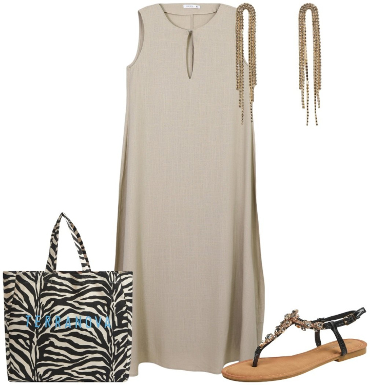 Outfit donna - Sandali gioiello. Stile Casual chic per Tutti i giorni. Abbinamento con vestiti lunghi, borse tote, sandali gioiello, orecchini.