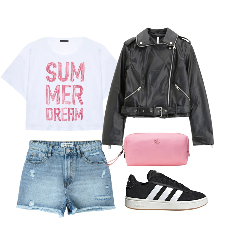 Outfit donna - Concerto e amici. Stile Rock per Tutti i giorni. Abbinamento con shorts, giacche, pochette, t-shirt, sneakers.