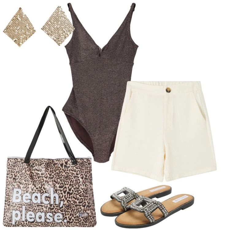 Outfit donna - Beach please. Stile Glamour per Mare. Abbinamento con bermuda, ciabatte, borse tote, costumi interi, orecchini.