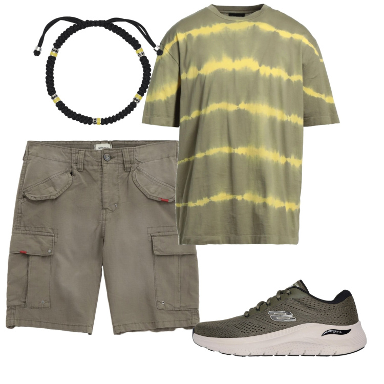 Outfit uomo - Olive. Stile Casual per Tutti i giorni. Abbinamento con t-shirt, braccialetti, bermuda, sneakers.