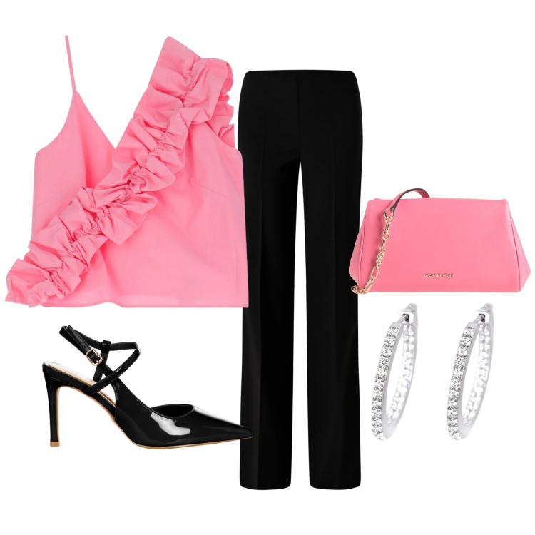 Outfit donna - Serata romantica. Stile Bon Ton per Serata fuori. Abbinamento con borse a tracolla, orecchini, pantaloni a palazzo, décolleté, top.