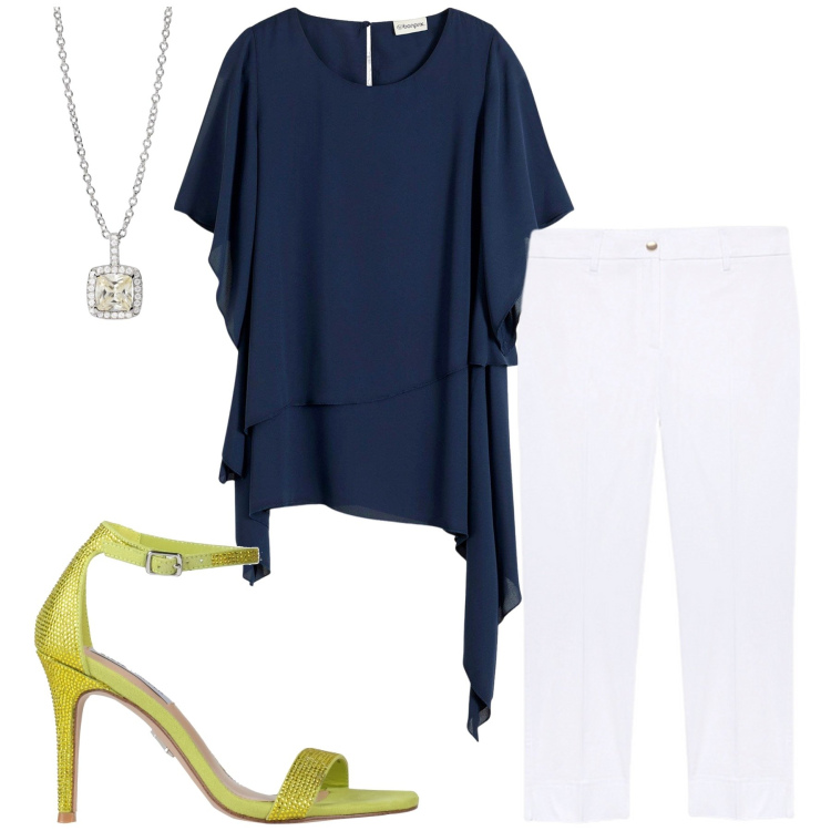 Outfit donna - Allegria. Stile Casual per Ufficio. Abbinamento con bluse, sandali col tacco, collane, pantaloni chino.