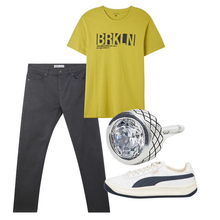 Outfit uomo - Casual. Stile Casual per Tutti i giorni. Abbinamento con sneakers, pantaloni skinny, t-shirt, orecchini.