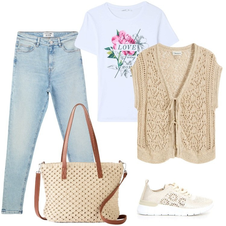 Outfit donna - Total look #2173857. Stile Casual per Tutti i giorni. Abbinamento con maglieria, borse a mano, jeans skinny, t-shirt, sneakers.
