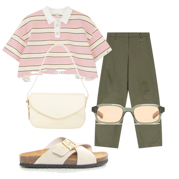 Outfit donna - Un po\' di sole. Stile Trendy per Tutti i giorni. Abbinamento con borse a mano, t-shirt, pantaloni, ciabatte, occhiali da sole.