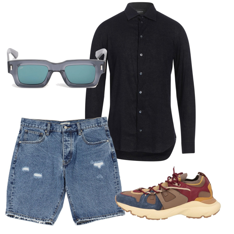 Outfit uomo - Sabato pomeriggio. Stile Casual per Tutti i giorni. Abbinamento con camicie, sneakers, bermuda, occhiali da sole.