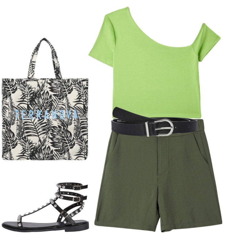 Outfit donna - Bermuda must have. Stile Glamour per Tutti i giorni. Abbinamento con borse tote, cinture, t-shirt, bermuda, sandali.