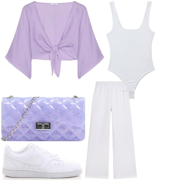 Outfit donna - Bianco e lilla. Stile Sporty chic per Tutti i giorni. Abbinamento con borse a tracolla, body, pantaloni, sneakers, bolero.