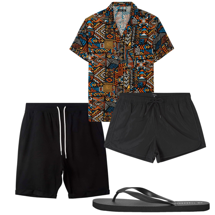 Outfit uomo - Mare. Stile Casual per Mare. Abbinamento con costumi, pantaloni corti, sandali, camicie a manica corta.