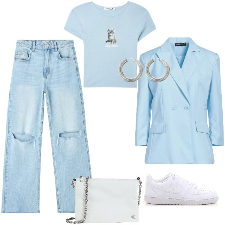 Outfit donna - Total look #2173873. Stile Trendy per Cerimonia. Abbinamento con blazer, borse a tracolla, jeans strappati, t-shirt, orecchini, sneakers.