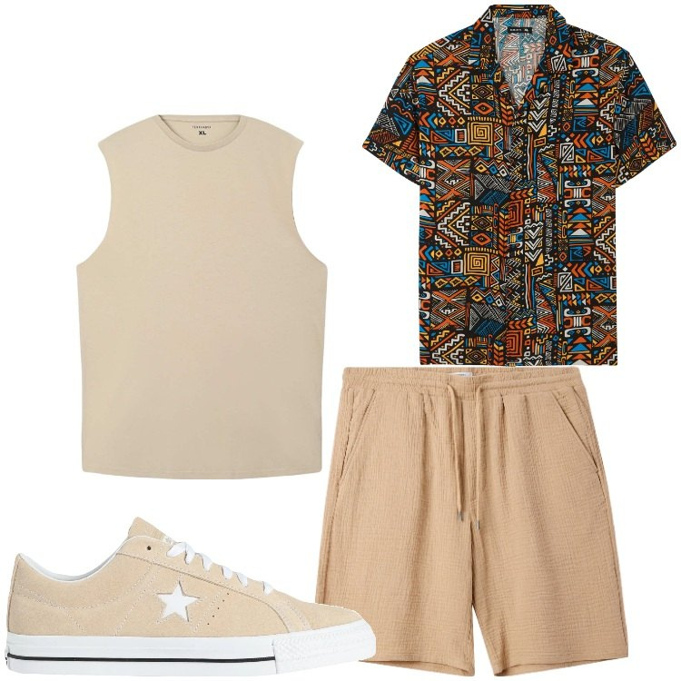 Outfit uomo - Beige e colori. Stile Casual per Tutti i giorni. Abbinamento con sneakers, canottiere, camicie a manica corta, pantaloni corti.