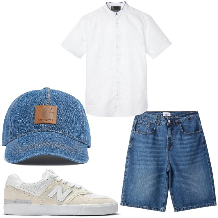 Outfit uomo - Bianco e jeans. Stile Casual per Tutti i giorni. Abbinamento con camicie a manica corta, bermuda, sneakers, cappelli.