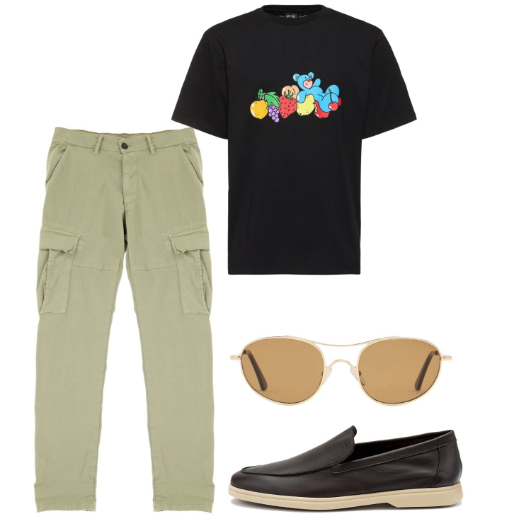 Outfit uomo - Cargo time. Stile Casual per Tutti i giorni. Abbinamento con pantaloni cargo, t-shirt, occhiali da sole, scarpe stringate.