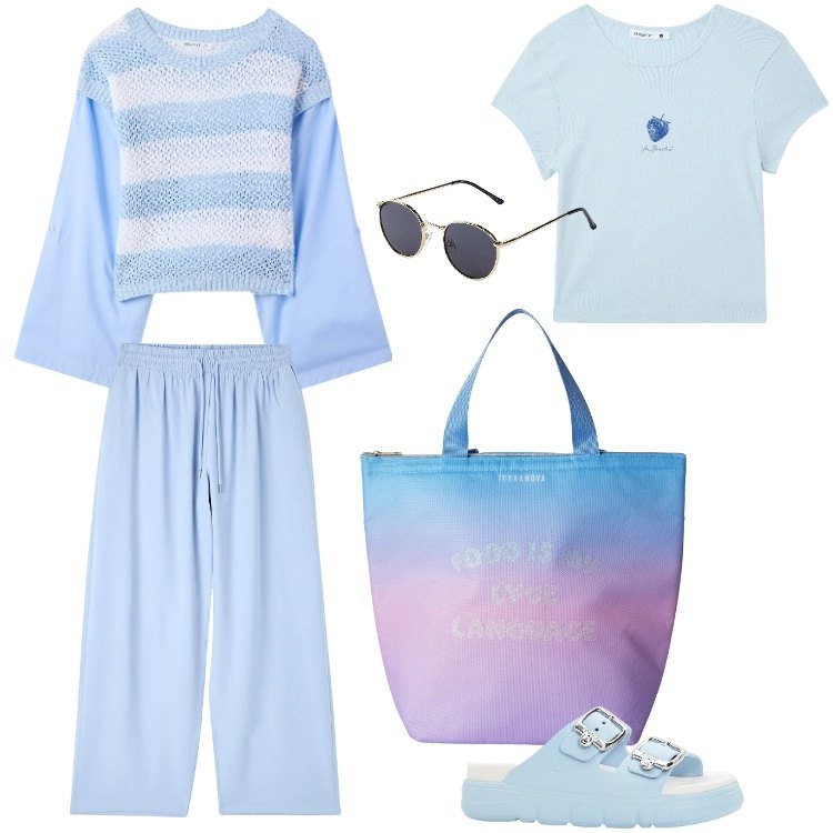 Outfit donna - Total look #2173884. Stile Basic per Tutti i giorni. Abbinamento con ciabatte, occhiali da sole, maglieria, t-shirt, pantaloni, borse tote.