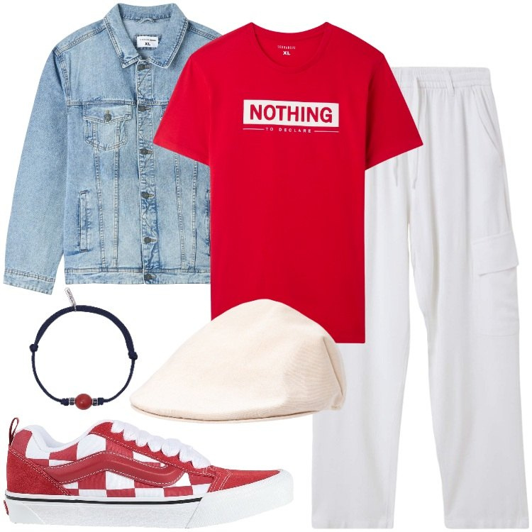 Outfit uomo - Original red. Stile Trendy per Serata speciale. Abbinamento con sneakers, giacche, t-shirt, pantaloni cargo, braccialetti, cappelli e berretti.