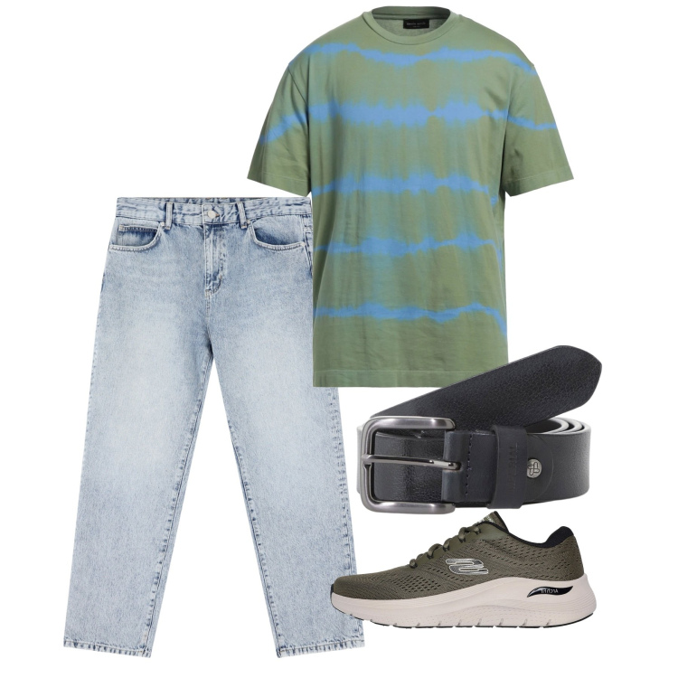 Outfit uomo - Casual. Stile Casual per Tutti i giorni. Abbinamento con t-shirt, jeans dritti, cinture, sneakers.