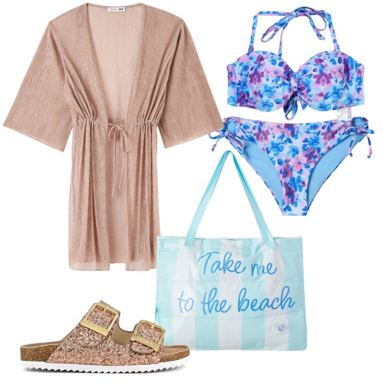 Outfit donna - A mare glitterata. Stile Chic per Mare. Abbinamento con bikini, borse tote, caftani, bikini, sandali.
