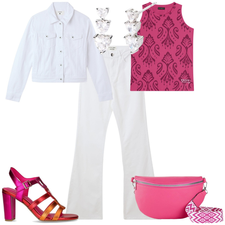 Outfit donna - Total look #2173898. Stile Sporty chic per Serata fuori. Abbinamento con marsupi, jeans a zampa, blazer, orecchini, canottiere, sandali col tacco.