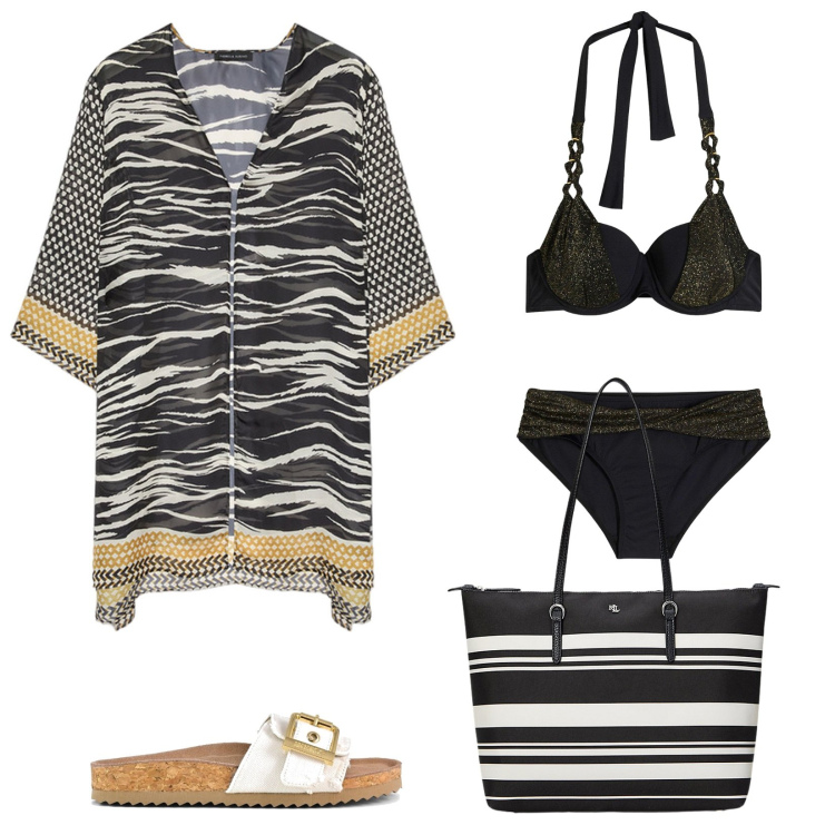 Outfit donna - Il costume chic. Stile Casual chic per Mare. Abbinamento con bikini, borse tote, caftani, sandali.