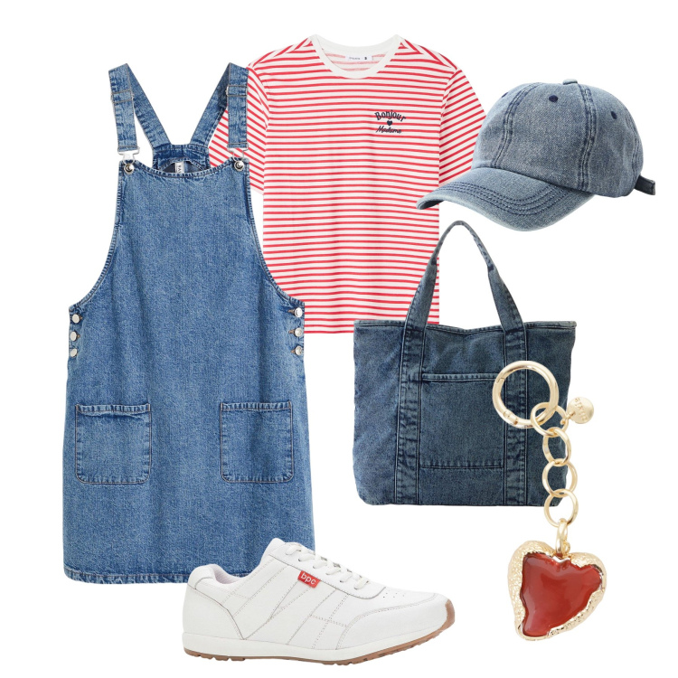 Outfit donna - Sbarazzina in salopette. Stile Casual per Tutti i giorni. Abbinamento con sneakers, salopette, shopping bag, t-shirt, cappelli, ciondoli.