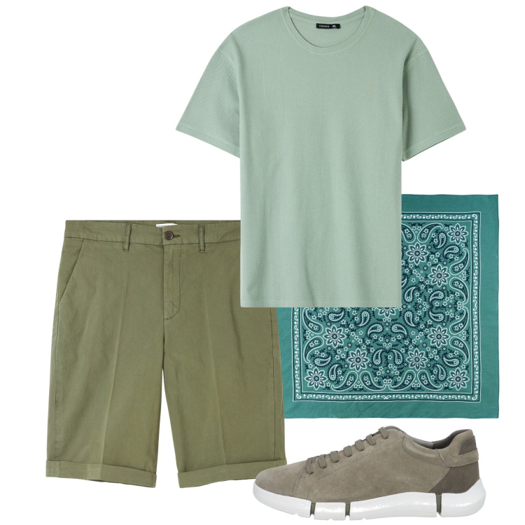 Outfit uomo - Weekend. Stile Casual per Tutti i giorni. Abbinamento con sneakers, t-shirt, bermuda, sciarpe e foulard.