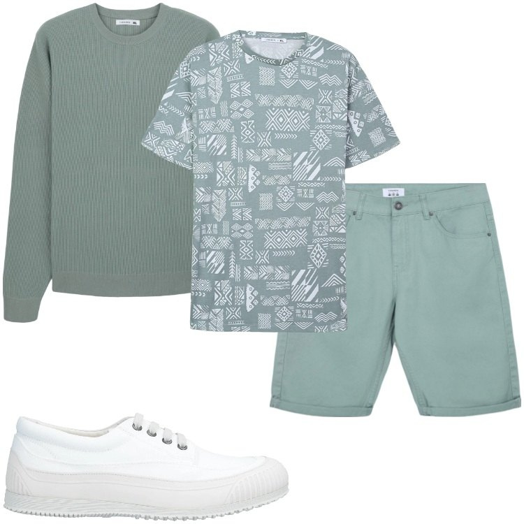 Outfit uomo - Casual in verde pastello. Stile Urban per Tutti i giorni. Abbinamento con sneakers, maglieria, t-shirt, bermuda.