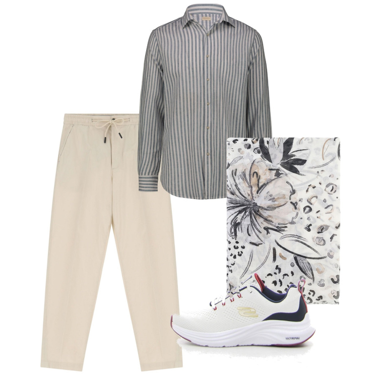 Outfit uomo - Tocco di classe. Stile Casual per Tutti i giorni. Abbinamento con pantaloni chino, sciarpe e foulard, sneakers, camicie.