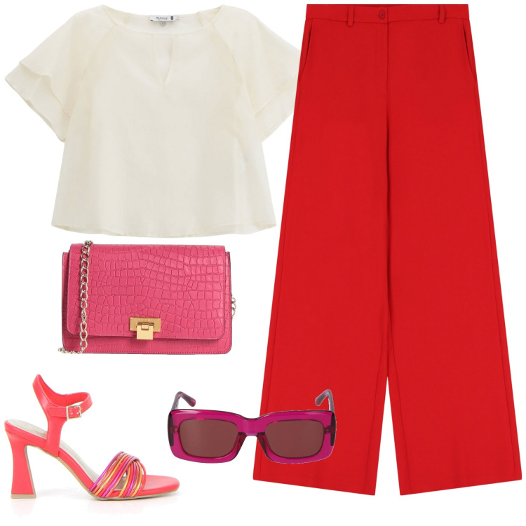 Outfit donna - Energy. Stile Casual chic per Tutti i giorni. Abbinamento con borse a tracolla, maglieria, pantaloni, sandali col tacco, occhiali da sole.