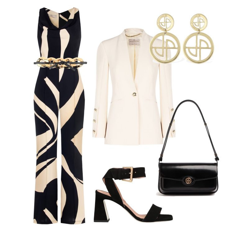 Outfit donna - Cerimonia optical. Stile Chic per Cerimonia. Abbinamento con sandali in pelle, cinture, tute, blazer, borse a spalla, orecchini.