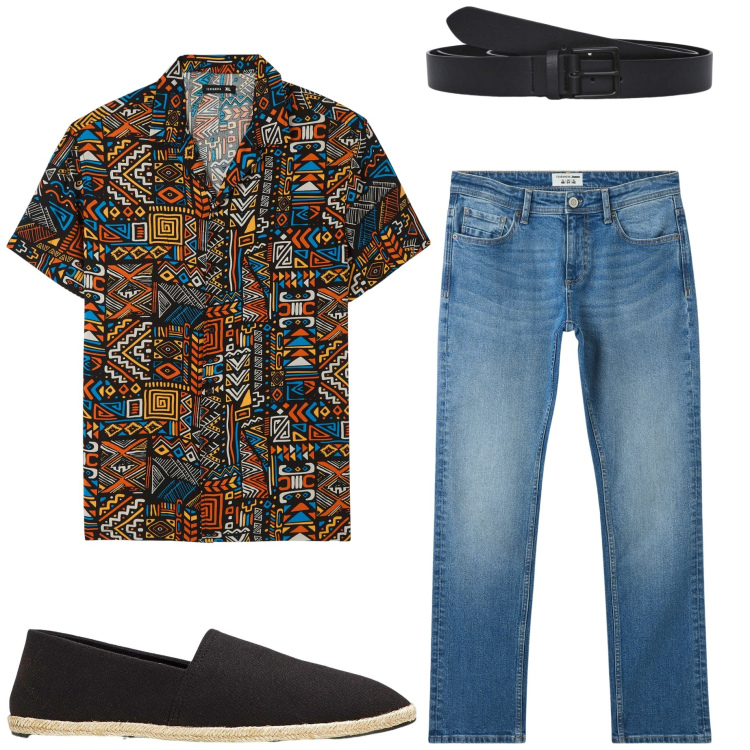 Outfit uomo - Pomeriggio libero. Stile Casual per Tutti i giorni. Abbinamento con espadrillas, jeans, camicie a manica corta, cinture.