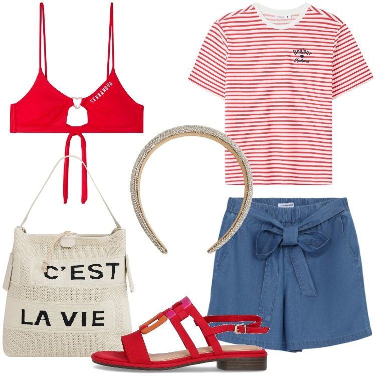 Outfit donna - Summer Outfits. Stile Bon Ton per Mare. Abbinamento con shorts, bikini, cerchietti, t-shirt, borse a mano, sandali.