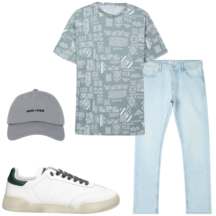 Outfit uomo - Casual style. Stile Casual per Tutti i giorni. Abbinamento con sneakers, jeans dritti, cappelli con visiera, t-shirt.