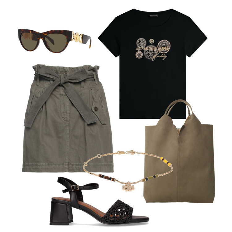 Outfit donna - Mini multitasche in città. Stile Urban per Tutti i giorni. Abbinamento con minigonne, occhiali da sole, braccialetti, shopping bag, t-shirt, sandali col tacco.