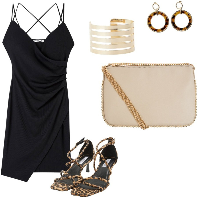 Outfit donna - Noir. Stile Glamour per Serata fuori. Abbinamento con sandali col tacco, borse a tracolla, vestiti, orecchini, braccialetti.