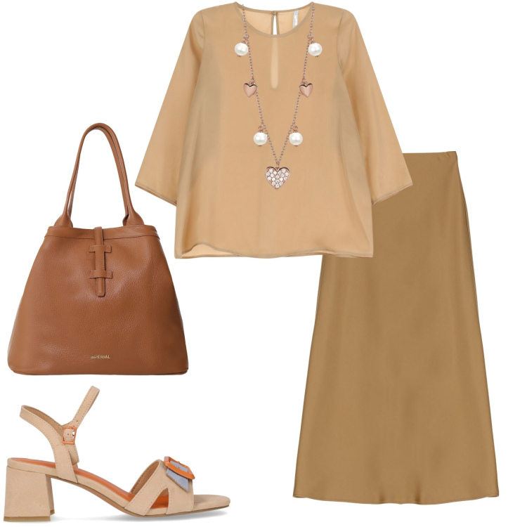 Outfit donna - Imperial Summer. Stile Casual chic per Ufficio. Abbinamento con collane, gonne lunghe, bluse, borse tote, sandali col tacco.