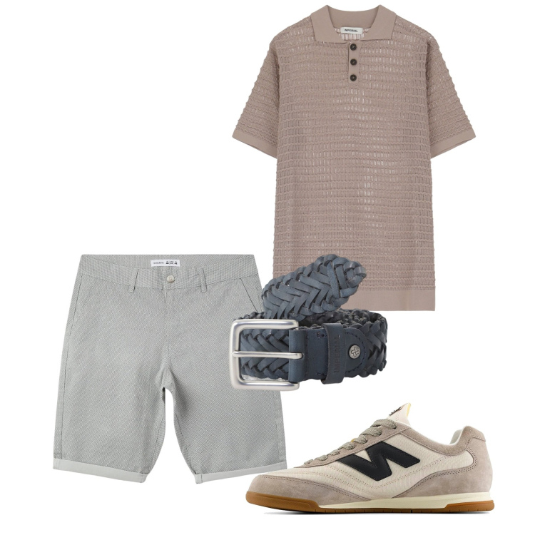Outfit uomo - Grigio e cipria. Stile Casual per Tutti i giorni. Abbinamento con pantaloni corti, cinture, camicie, sneakers.
