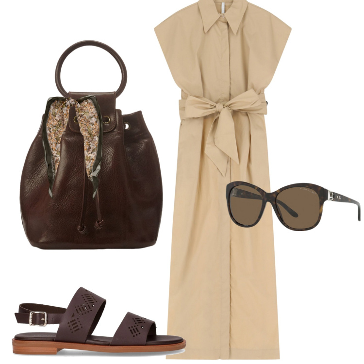 Outfit donna - Imperial Summer. Stile Casual chic per Ufficio. Abbinamento con vestiti lunghi, occhiali da sole, foulard, borse a secchiello, sandali.
