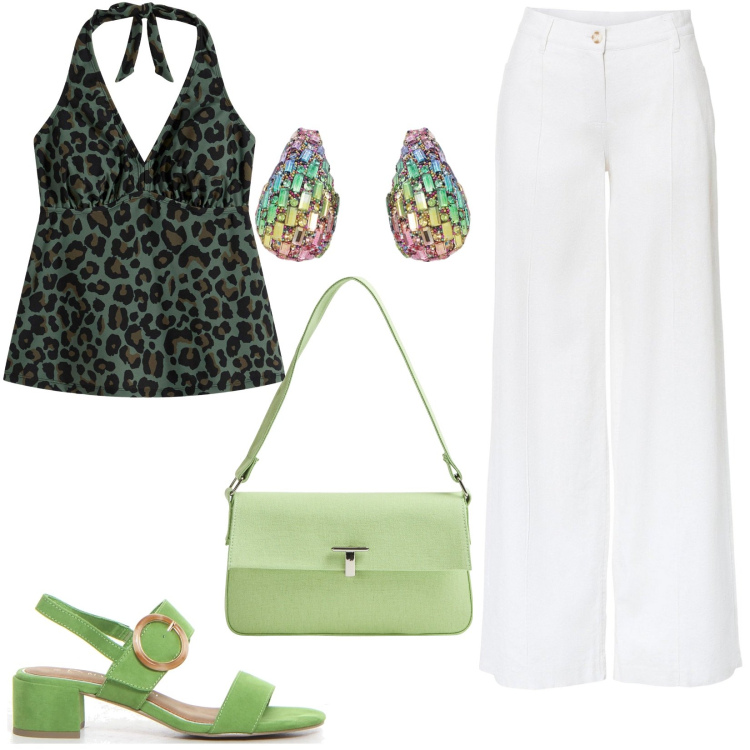 Outfit donna - Total look. Stile Glamour per Tutti i giorni. Abbinamento con pantaloni a palazzo, top, borse a spalla, orecchini, sandali col tacco.