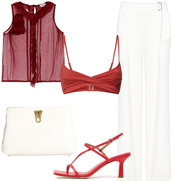 Outfit donna - Trasparenze. Stile Chic per Serata fuori. Abbinamento con borse a mano, pantaloni, top, sandali in pelle, bikini.