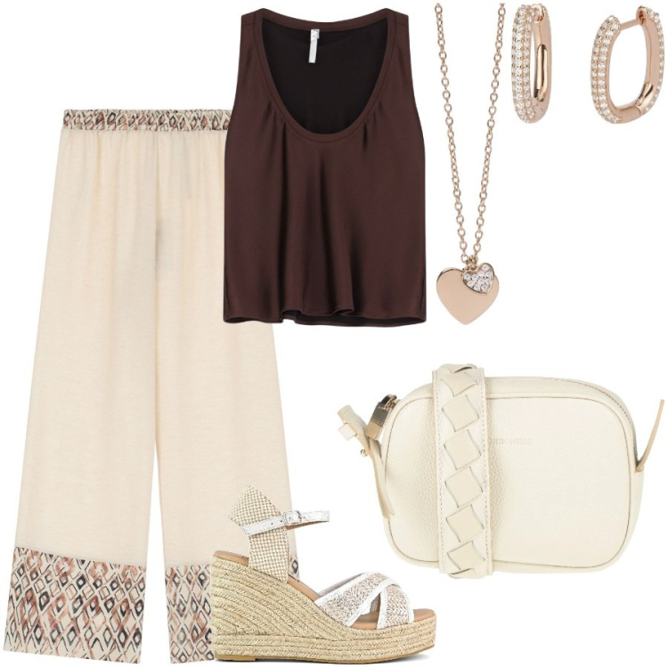 Outfit donna - Commissioni. Stile Casual chic per Tutti i giorni. Abbinamento con borse a tracolla, ciondoli, orecchini, pantaloni, canottiere, zeppe.