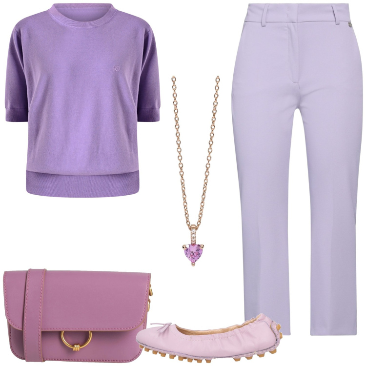 Outfit donna - Sfumature di viola. Stile Casual chic per Tutti i giorni. Abbinamento con ballerine, borse a tracolla, pantaloni, ciondoli, maglieria.