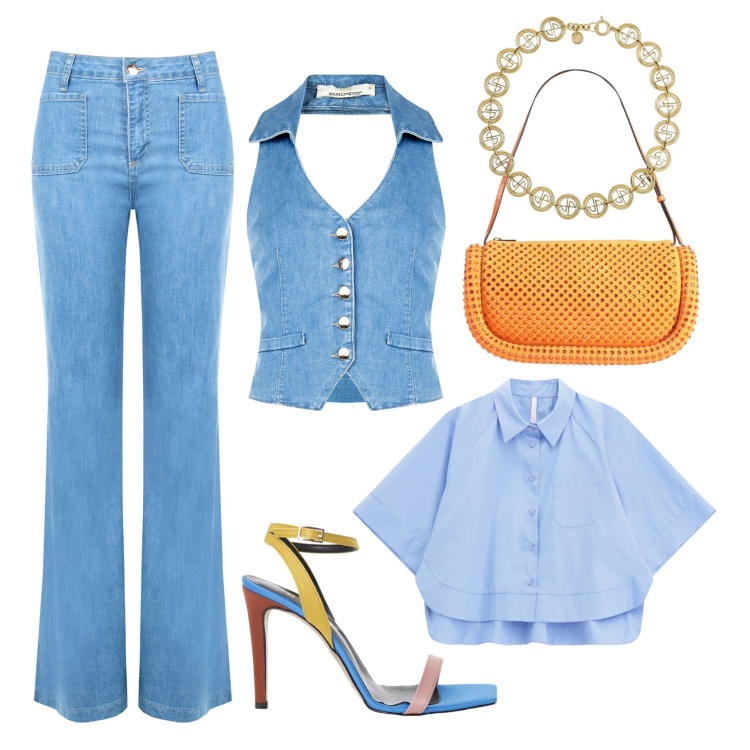 Outfit donna - Gilet con o senza camicia. Stile Sporty chic per Serata fuori. Abbinamento con borse a mano, camicie a manica corta, sandali col tacco, gilet, jeans, collane.